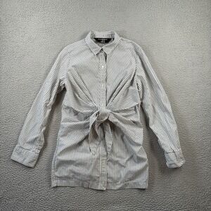 Norma Kamali Shirt Dress Womens Medium Gray White Striped Tie‎ Front